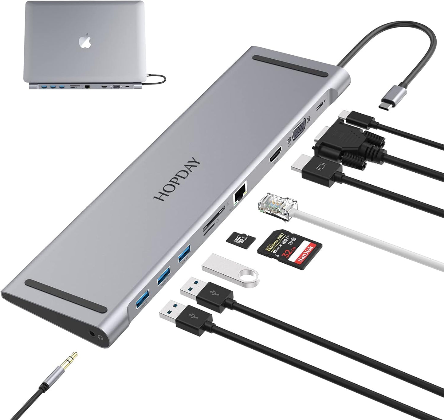 HOPDAY 10 Ports USB C Docking Station - USB C Hub for MacBook Pro/Air, and Surface Pro - USB C Adapter with Dual Display (USB A 3.0, HDMI, VGA, PD 100W,...