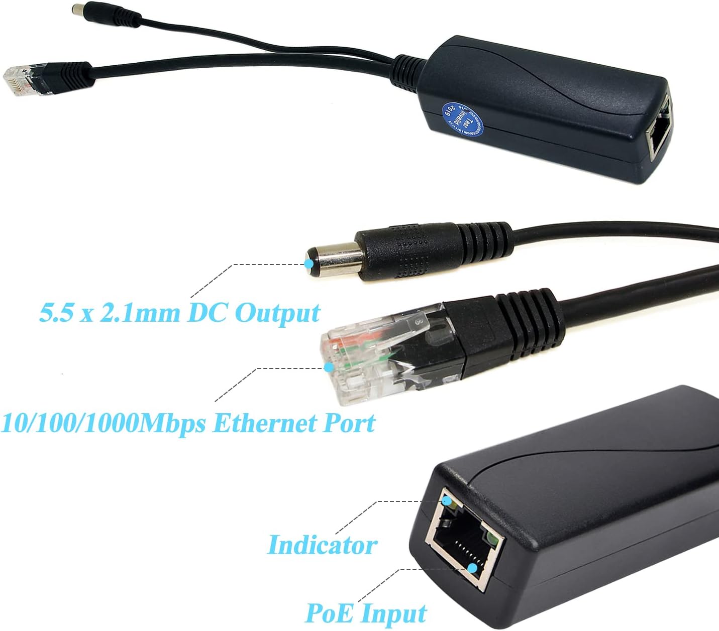 Gigabit PoE Splitter 12V 2A Output with IEEE 802.3af/at Standard Compliant 10,100,1000Mbps Power Over Ethernet Splitter Adapter for Security Camera CCTV Surveillance 5.5x2.1mm DC Plug Cable(PS5712TG)