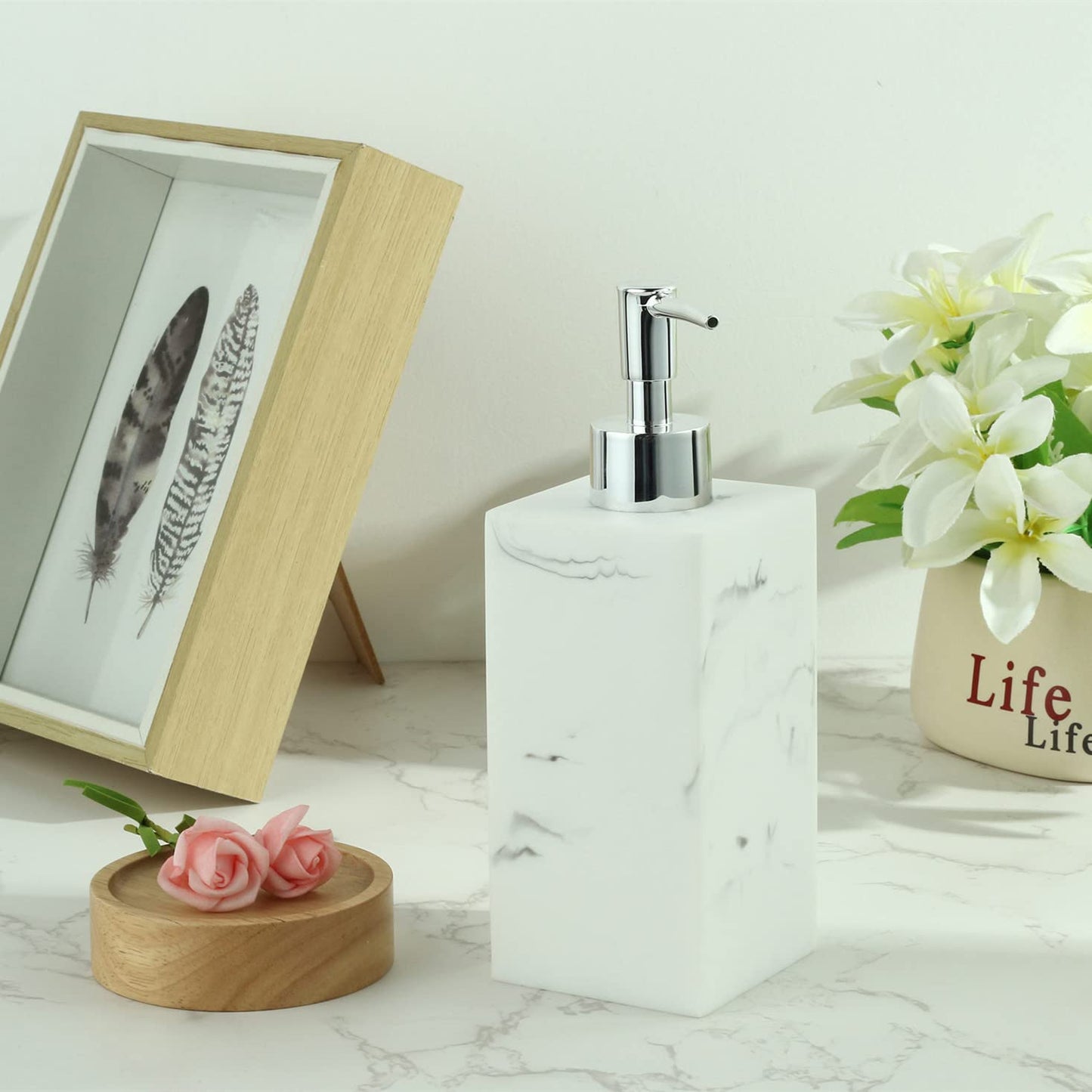 Resin Manual Soap Dispenser - GENDLTHIJ Fashion Resin Marble Soap Bottle Lightweight Bathroom Soap Dispenser for Countertop - Not Easy to Break