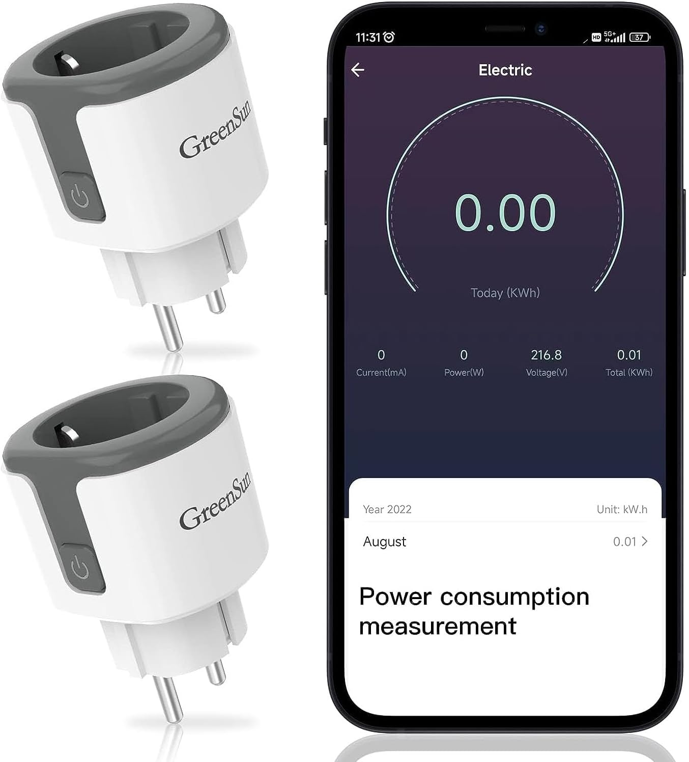 WLAN Socket GreenSun Power Meter 2X WiFi Socket with Current Measurement Smart Life Socket WiFi Socket with Timer 2.4GHz 16A Smart Plug Compatible with...