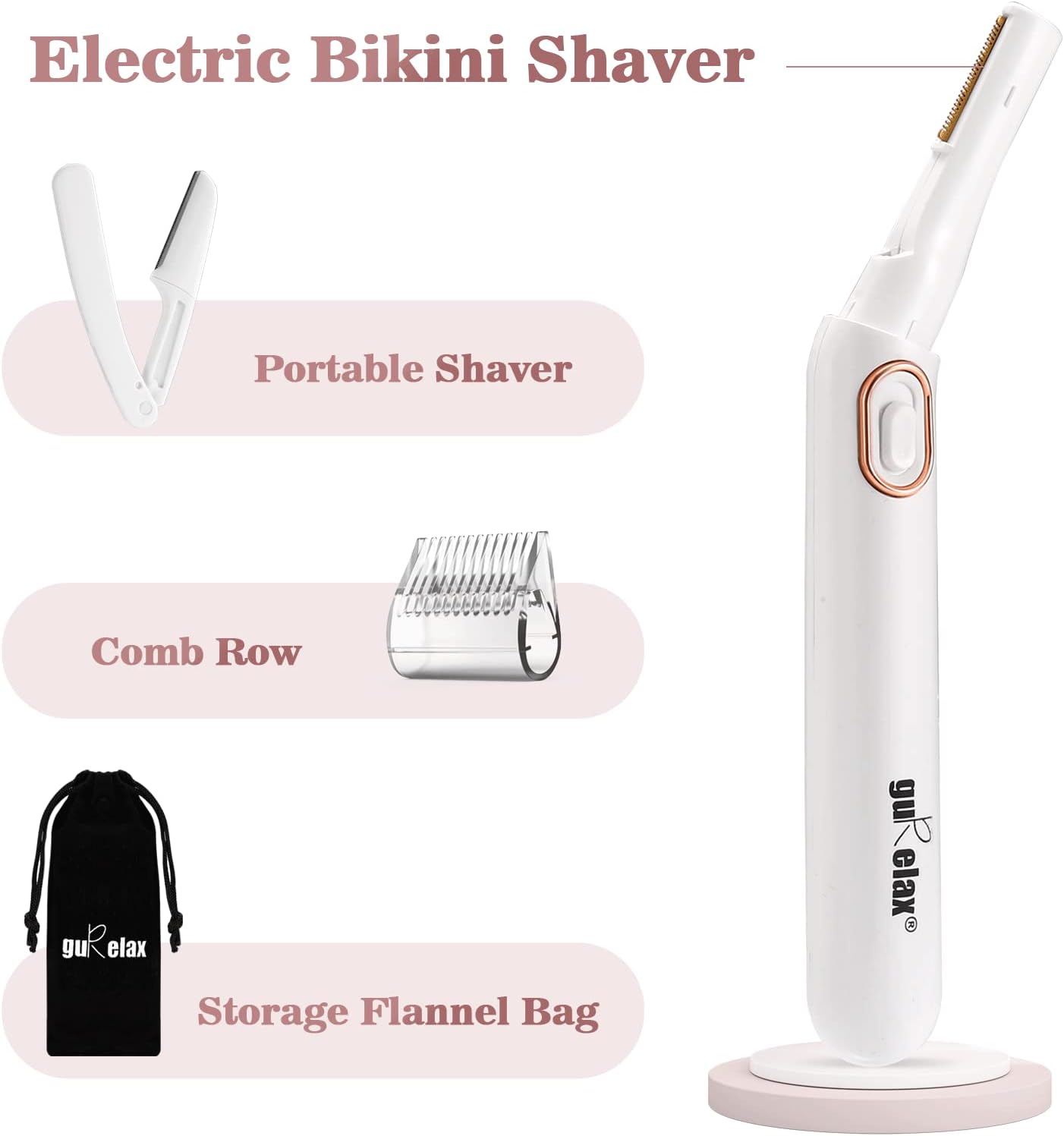 Gurelax Bikini Shaver for Women, Flawless Bikini Hair Remover + Foldable Shaver, Best Electric Pubic Hair Trimmer with Storage Bag.