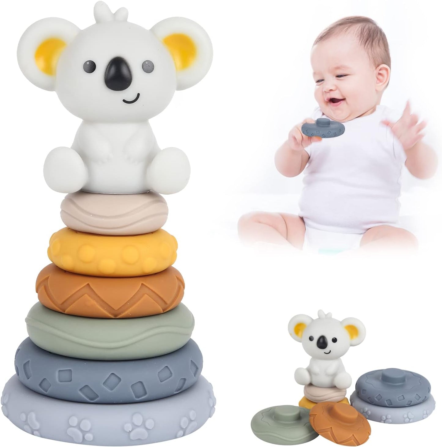 Baby Stacking Toy Baby Teething Toy Koala Baby Stacking Ring Toys Nesting Circle Toy Silicone Baby Toys Early Educational Christmas Toy Gifts for 6 12 18...