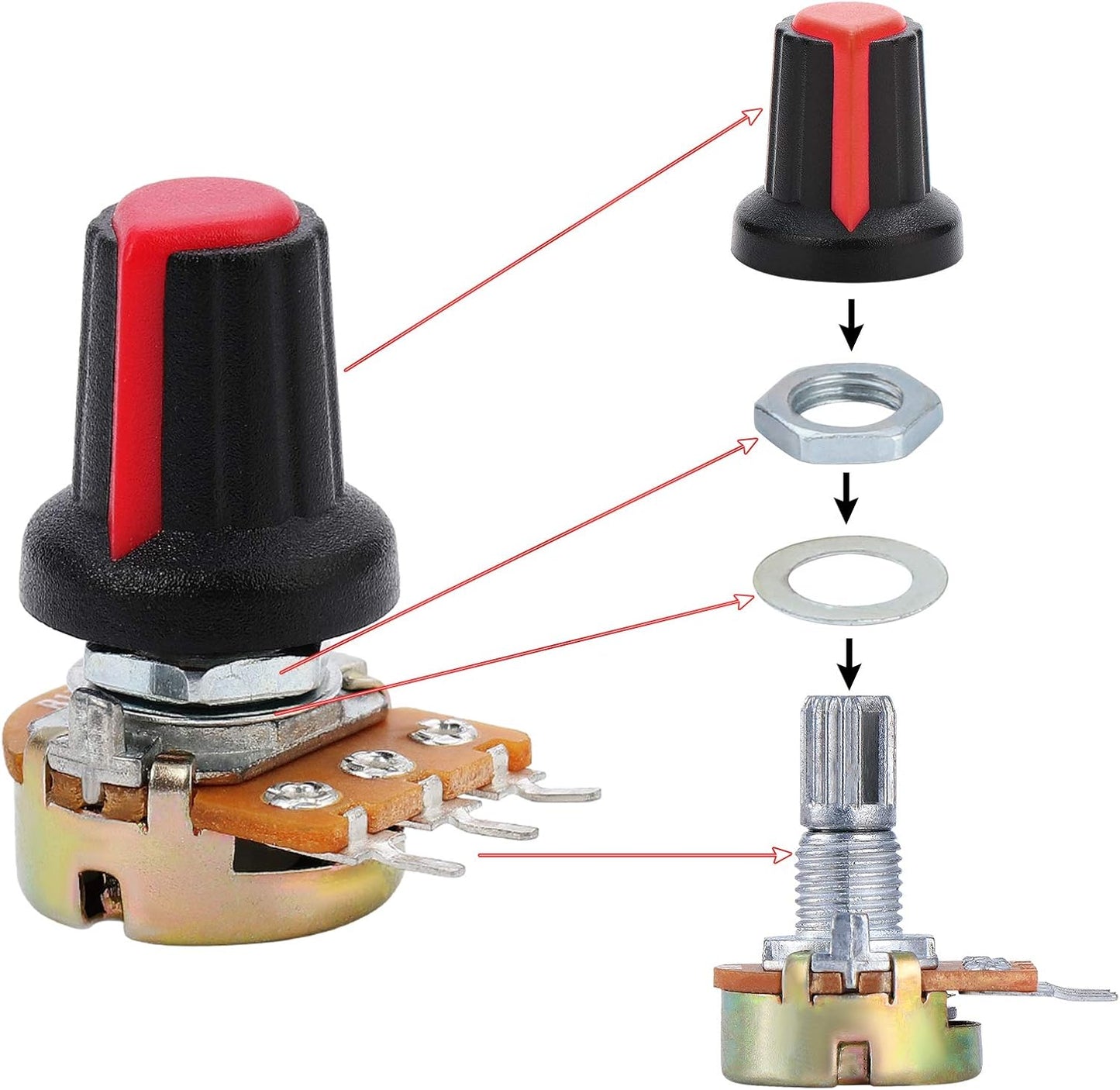 OCR 1K-1M ohm Potentiometer Kit, 45 Sets Knurled Shaft Linear Potentiometer with Knobs, Nuts and Washers, 9 Values1K 5K 10K 20K 50K 100K 250K 500K 1M 3...