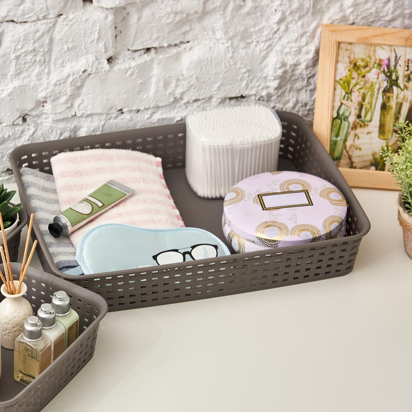 EZOWare Large Plastic Knit Storage Trays, Gray Drawer Divider Filing Bin for Office School Supplies Paper Organizer - Pack of 2 (13.8x9.8x2.4inch)