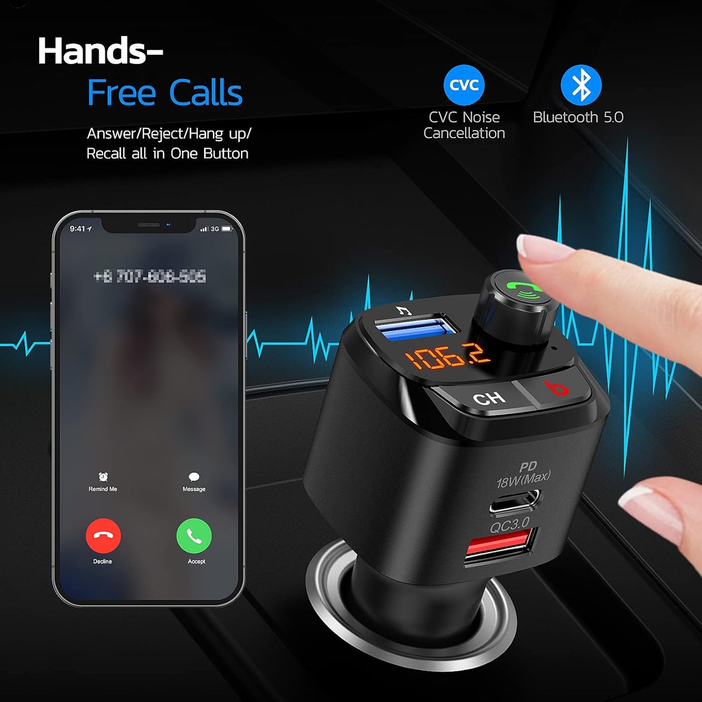 Nulaxy Bluetooth 5.0 FM Transmitter for Car, QC3.0 & USB-C PD 18W Wireless Bluetooth Radio Adapter Music Player Car Kit with Bass Booster, Hands-Free...