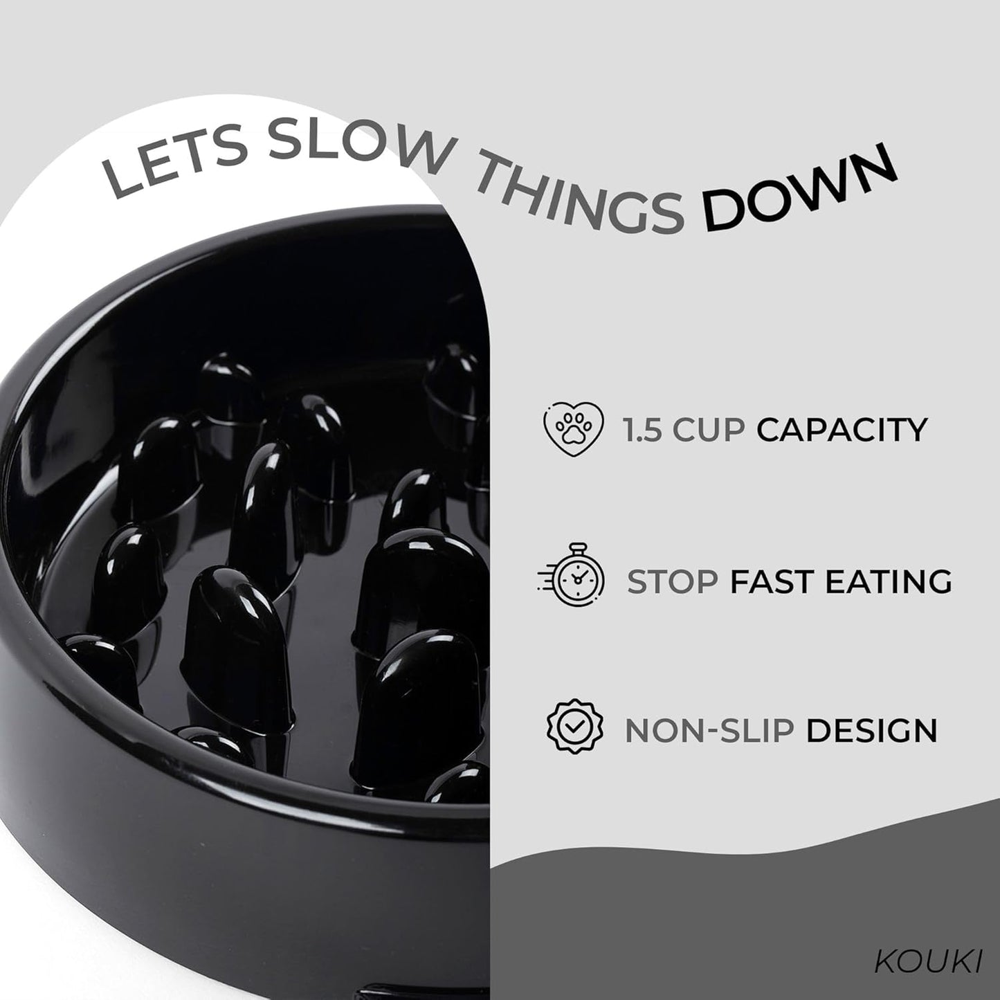 KOUKI - Slow Feeding Dog Bowl - 1.5 Cups - Puppy Certified - Small and Medium Breeds - Slow Feeder Dog Bowls - Maze - Puzzle - Puppy Trainer - Dog Food Bowls - Anti-Slide - Black Dog Feeder