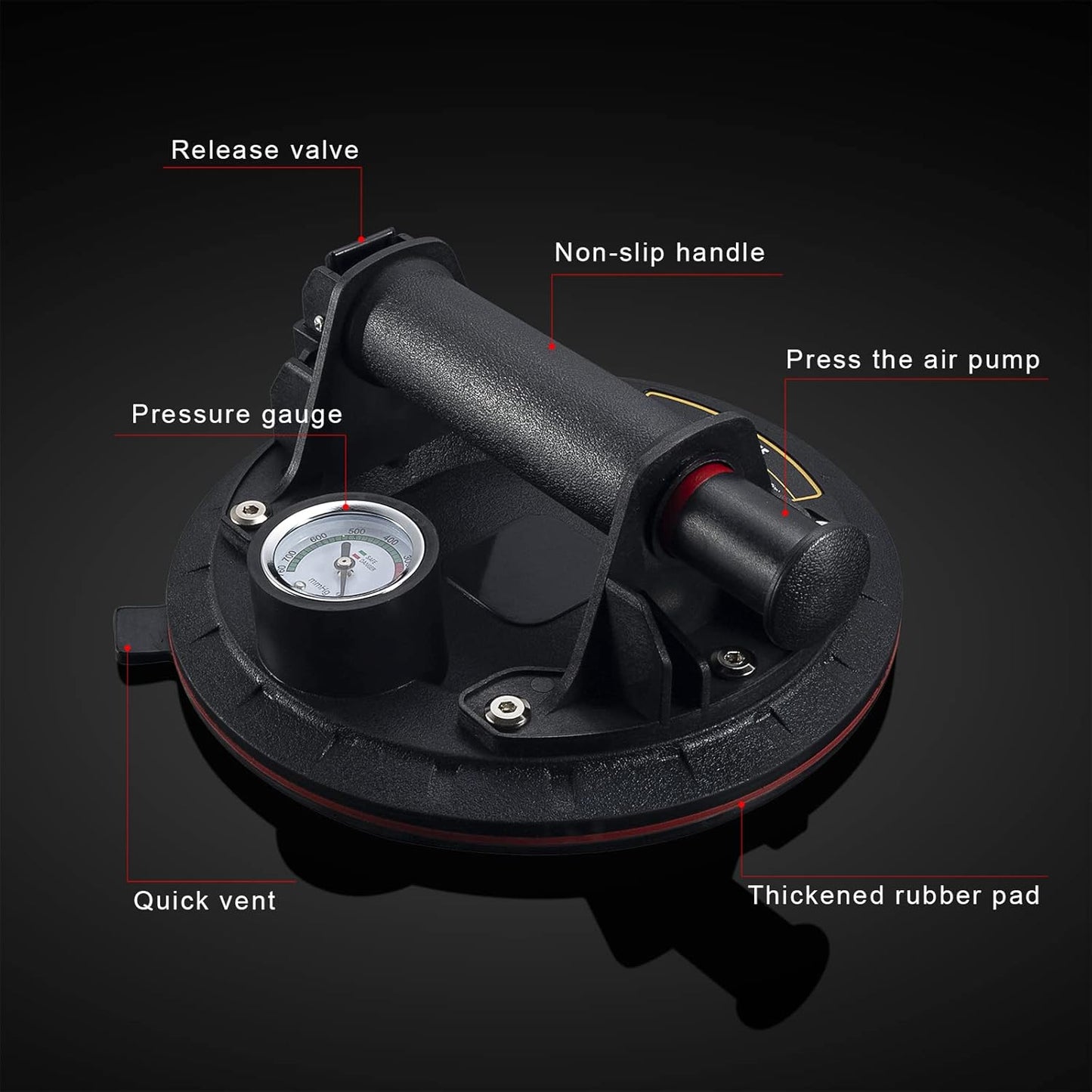 WUERQIE 8 Inch Heavy Duty Vacuum Suction Cup with Pressure Gauge and Hand Pump, Glass Suction Cups for Transporting Vents, Tiles with Portable Tool Box Included