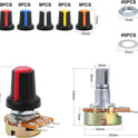 OCR 1K-1M ohm Potentiometer Kit, 45 Sets Knurled Shaft Linear Potentiometer with Knobs, Nuts and Washers, 9 Values1K 5K 10K 20K 50K 100K 250K 500K 1M 3...