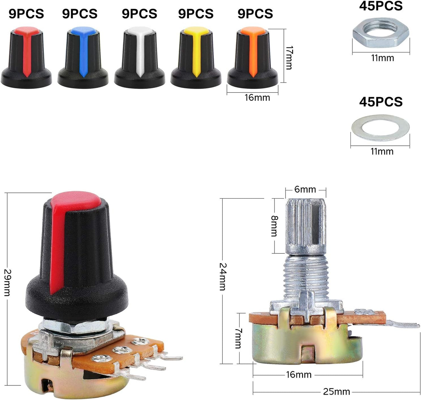 OCR 1K-1M ohm Potentiometer Kit, 45 Sets Knurled Shaft Linear Potentiometer with Knobs, Nuts and Washers, 9 Values1K 5K 10K 20K 50K 100K 250K 500K 1M 3...