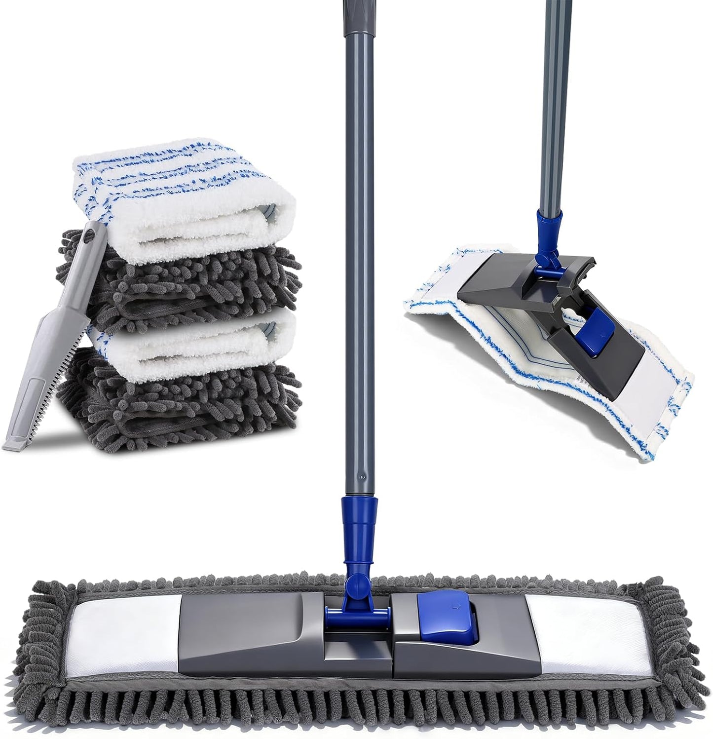 Masthome Mop Set of 4 Mop Pads, Chenille Floor Mop with Long Handle, Microfibre Flat Mop for Hardwood, Marble, Tile Cleaning, Send 1 Scraper, Blue