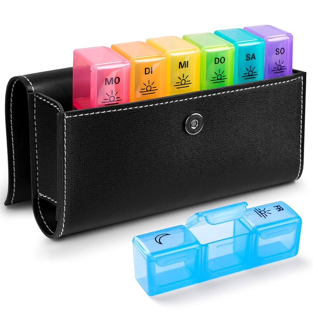 BUG HULL 7-Day German Pill Box – PU Leather Travel Tablet Organizer with 3 Daily Compartments