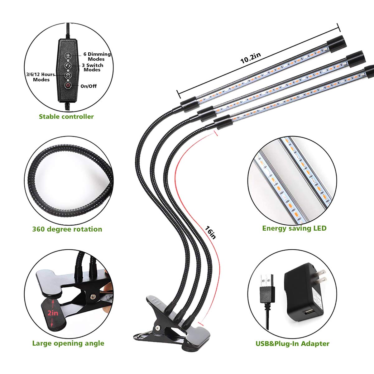 MoKasi LED Grow Light for Indoor Plant - 60W Tri Head Red Blue Spectrum Clip On Desk Growing Lamp with 6 Dimmable Levels Auto Timer Perfect for House Garden...