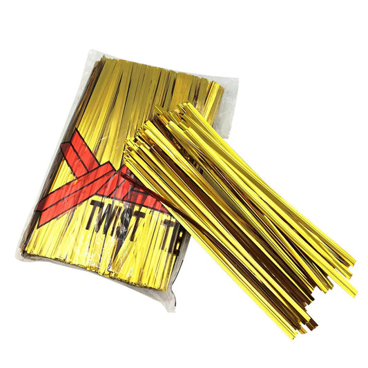 XC-TIE 500PCS 4'' Metallic Twist Ties Plastic Cable Ties for Bread Candy Bags, Party Cello, Cake Pops (Gold-500PCS)