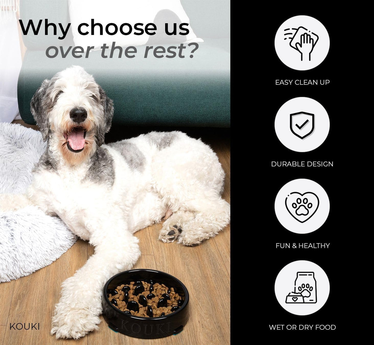 KOUKI - Slow Feeding Dog Bowl - 1.5 Cups - Puppy Certified - Small and Medium Breeds - Slow Feeder Dog Bowls - Maze - Puzzle - Puppy Trainer - Dog Food Bowls - Anti-Slide - Black Dog Feeder