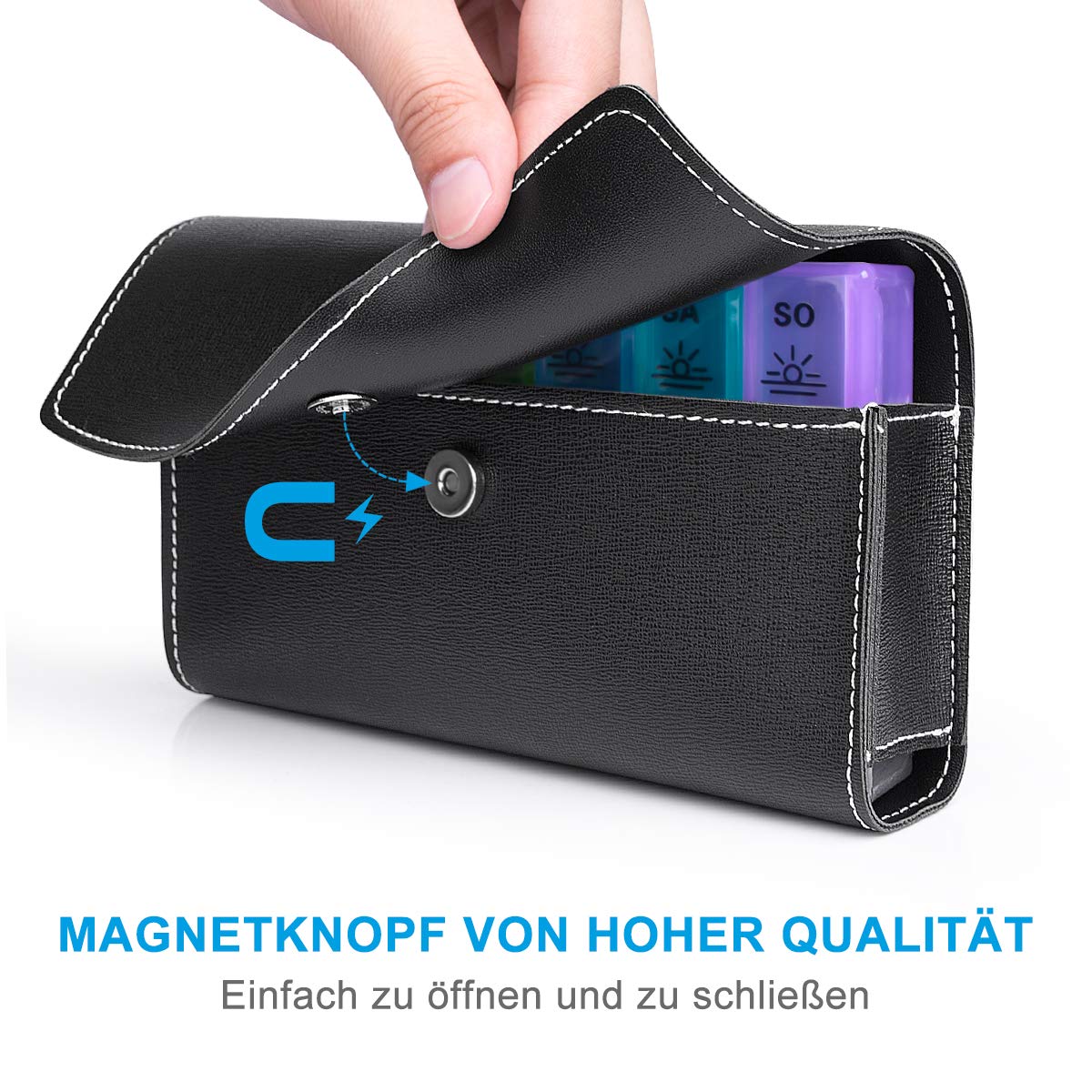 BUG HULL 7-Day German Pill Box – PU Leather Travel Tablet Organizer with 3 Daily Compartments