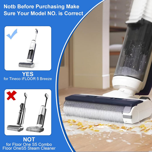 Accessory Set for Tineco iFLOOR 5 Breeze Complete Wet/Dry All-in-One Vacuum Cleaner Replacement Parts, 2 Brush Rollers + 2 Filters + 1 Cleaning Brush