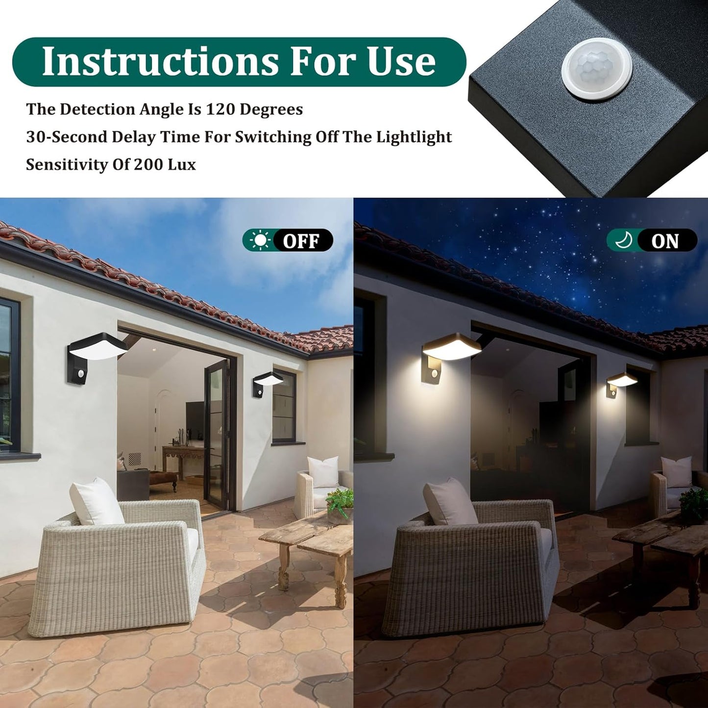 OKELI Outdoor Wall Lights with Sensor, Wall Lights Outdoor, Waterproof IP65, 360° Rotation Outside/Indoor,Warm White 3000K