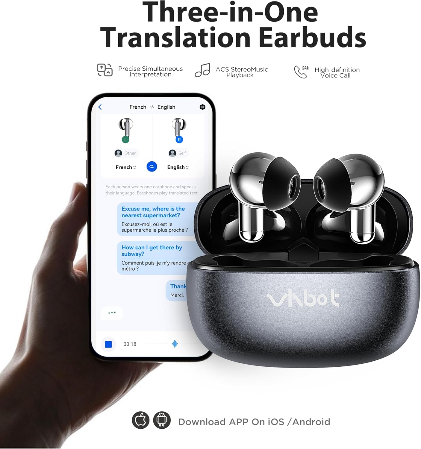 AI Language Translation Earbuds Real-Time 2-Way Translator with 143 Languages & Accents, 3-1 Wireless Earbuds Smart Touch Control,