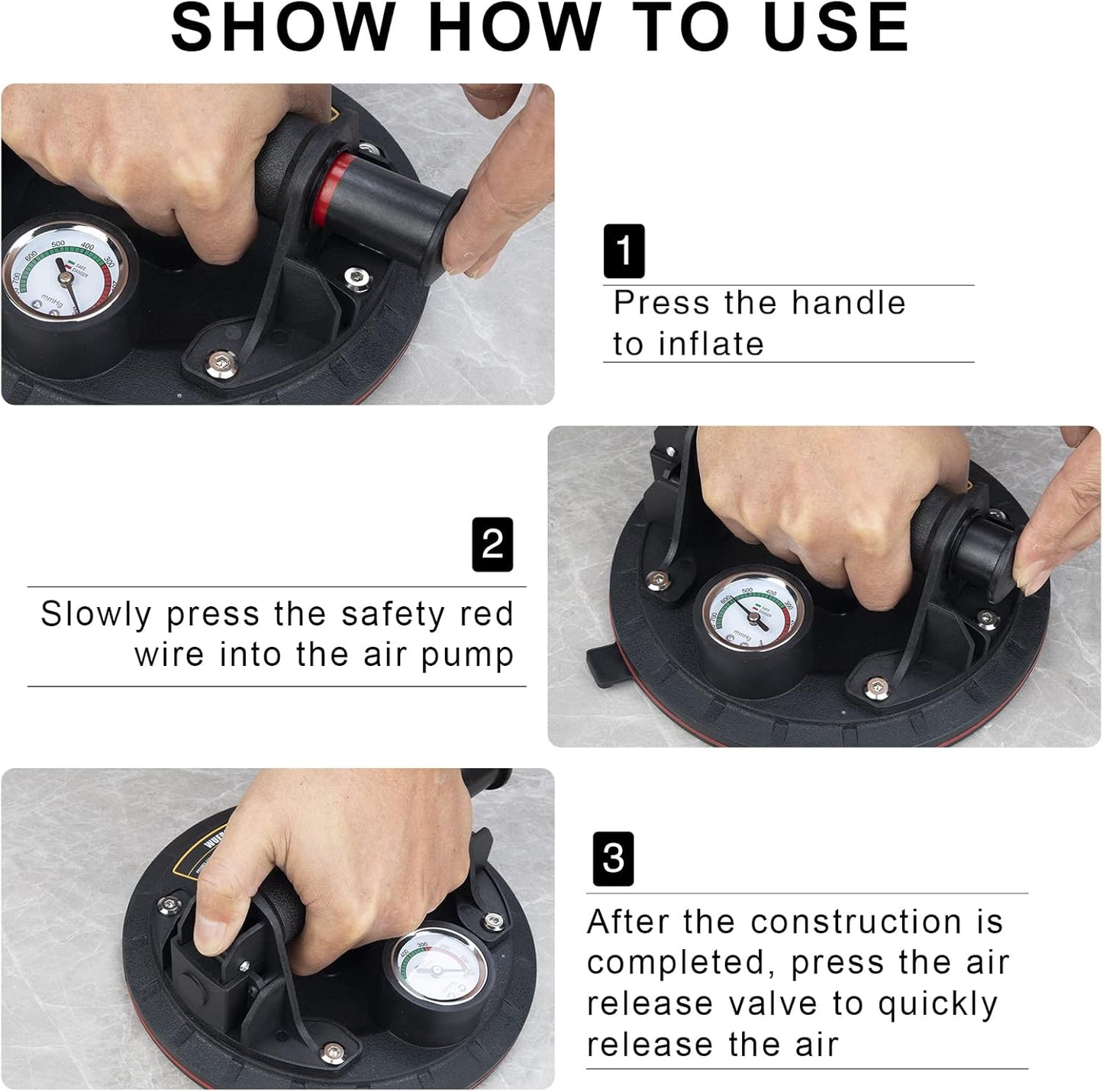 WUERQIE 8 Inch Heavy Duty Vacuum Suction Cup with Pressure Gauge and Hand Pump, Glass Suction Cups for Transporting Vents, Tiles with Portable Tool Box Included