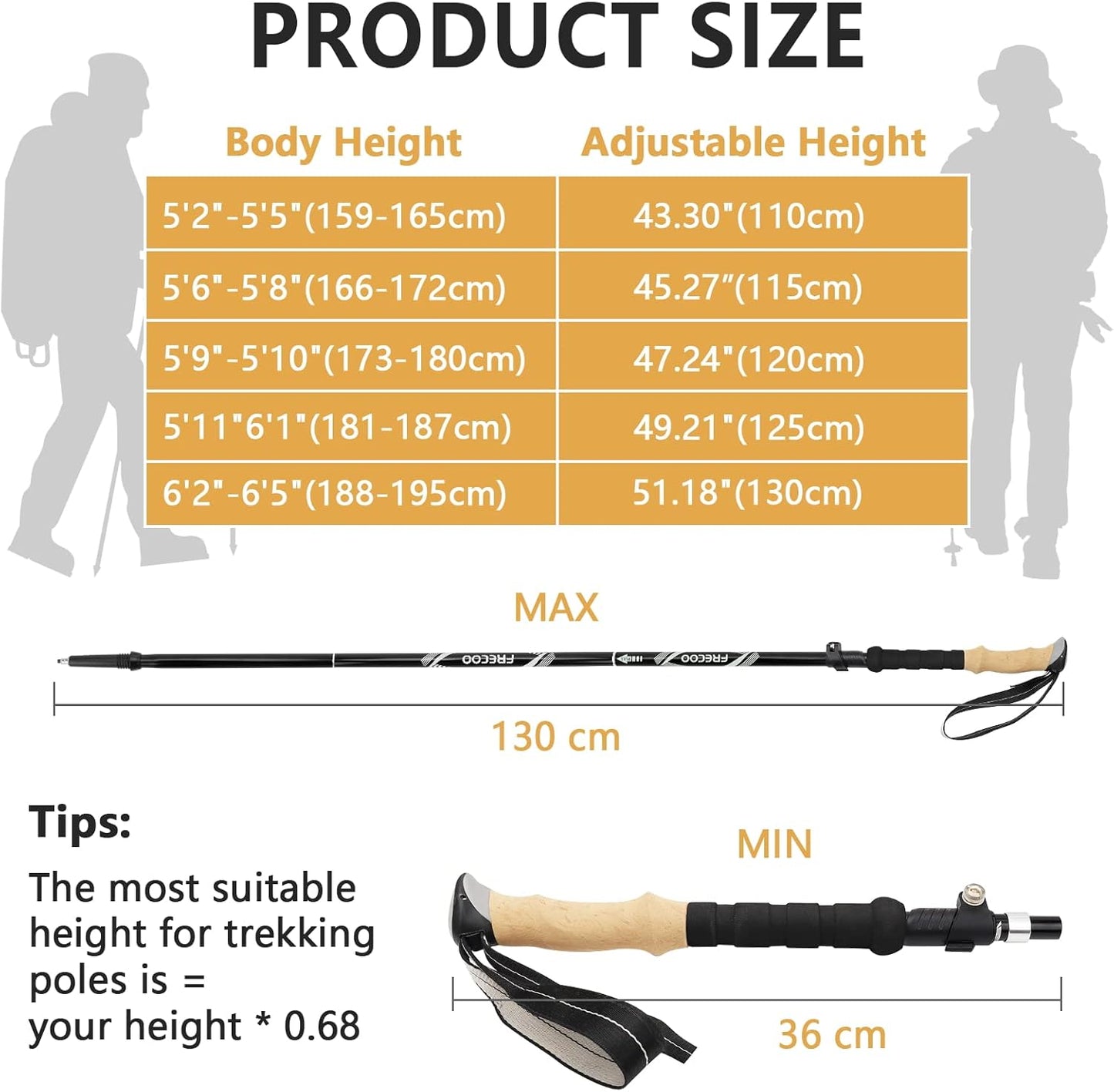 FRECOO Nordic walking poles, trekking poles made of 7075 aluminium, adjustable from 110-130 cm, with 5 pairs of rubber buffers, telescopic hiking poles for...