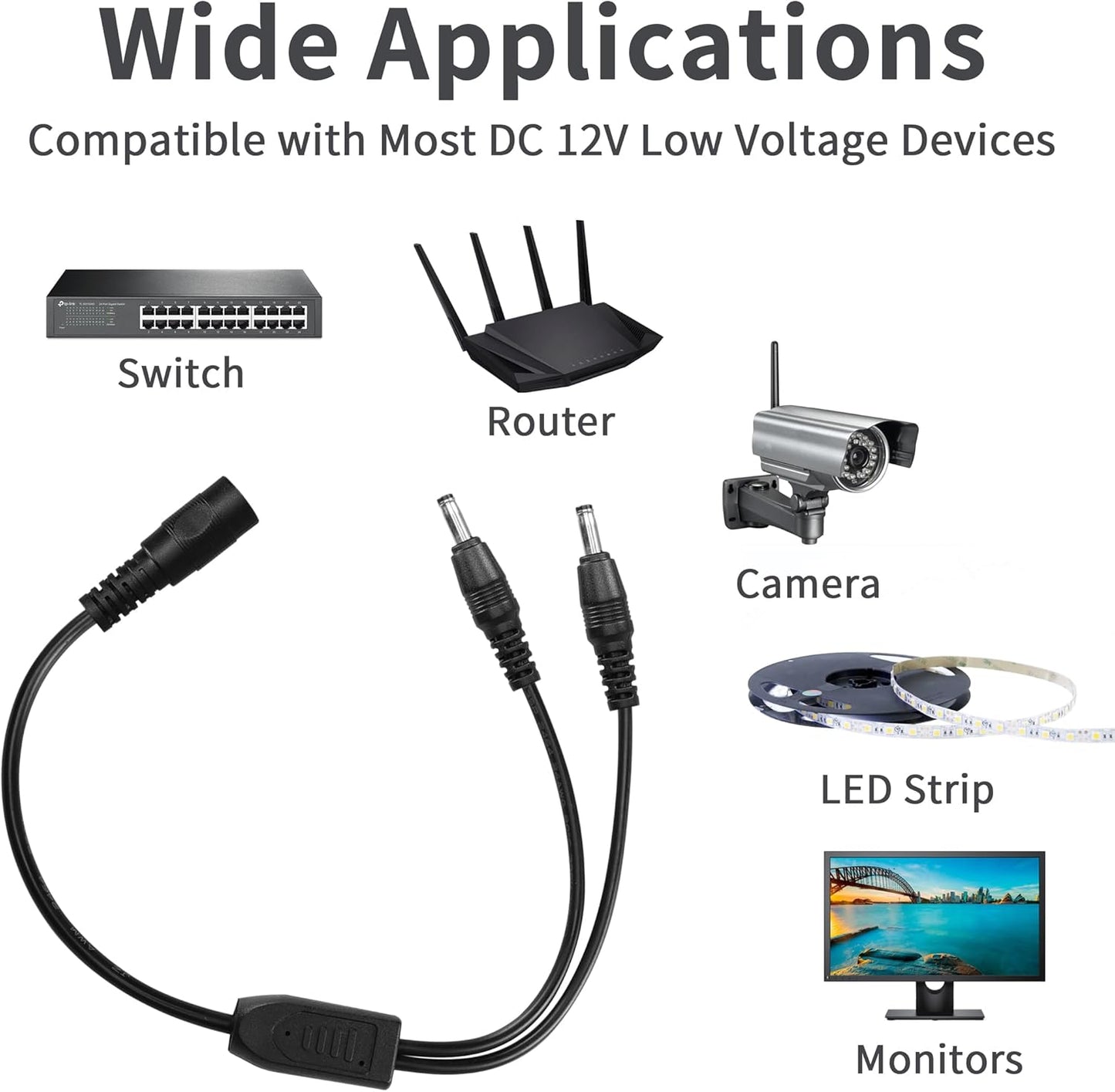 YACSEJAO DC Y Splitter Cable 2PCS 12V DC 3.5mm x 1.35mm 1 Female to 2 Male Adapter Cord for CCTV Security Camera, DVR, HDVD, LED Strip Light(1FT/30CM)