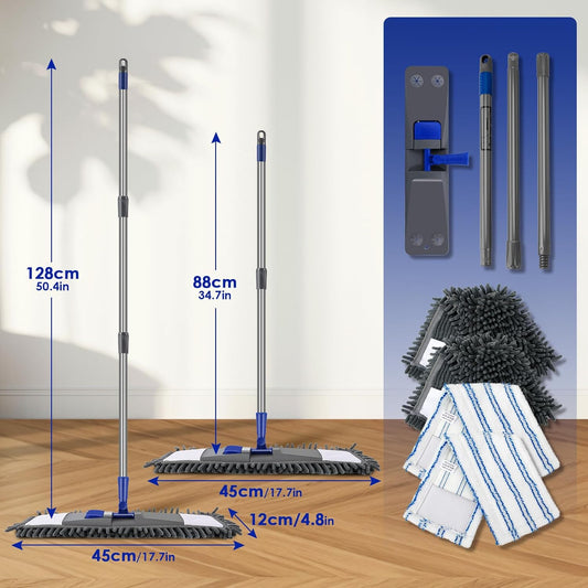 Masthome Mop Set of 4 Mop Pads, Chenille Floor Mop with Long Handle, Microfibre Flat Mop for Hardwood, Marble, Tile Cleaning, Send 1 Scraper, Blue