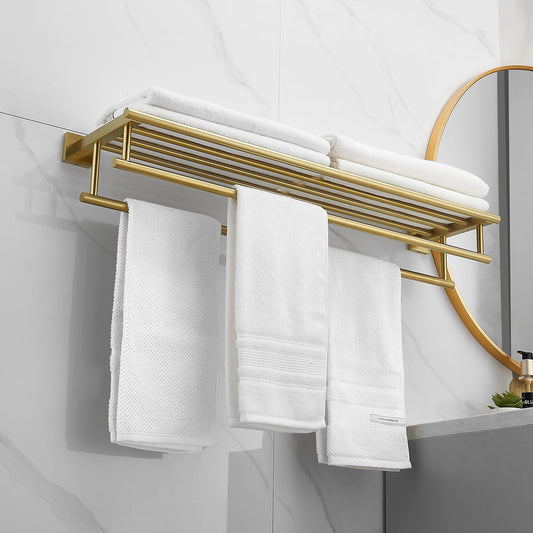 RTCUL Towel Rack for Bathroom 32 Inch Wall Mounted Towel Rack Brushed Gold Towel Shelf with Double Towel Bar SUS304 Stainless Steel Towel Holder for...