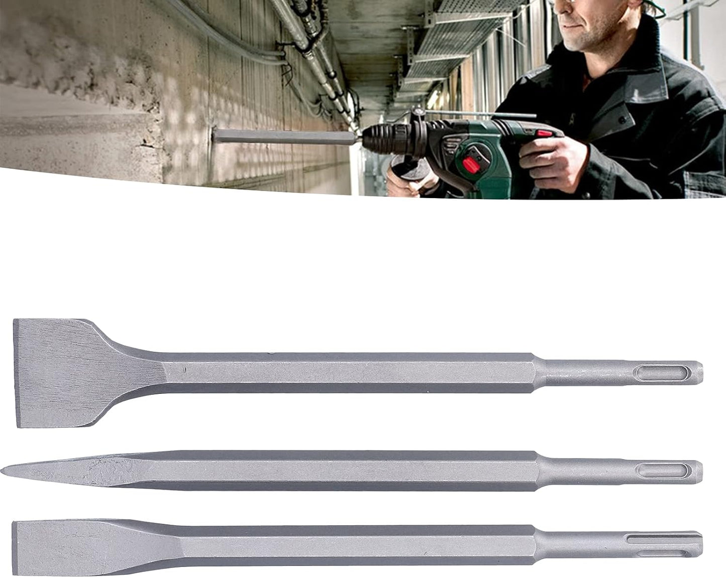 Chisel Set, Abrasion Resistant Carbon Steel Scaling Chisel, Flat Chisel, Flat Hammer Drill Bits, Concrete Removal Chisel for Concrete (SDS PLUS (round handle))