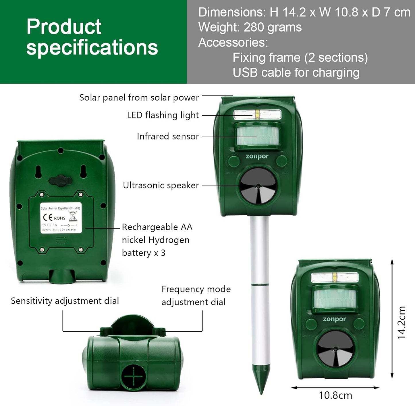 ANIREPUR Cat Repellent, Ultrasonic Solar Powered Animal Deterrent for Garden, Pigeons, Birds, Dogs, Cats, Mice, Foxes, 5 Adjustable Modes