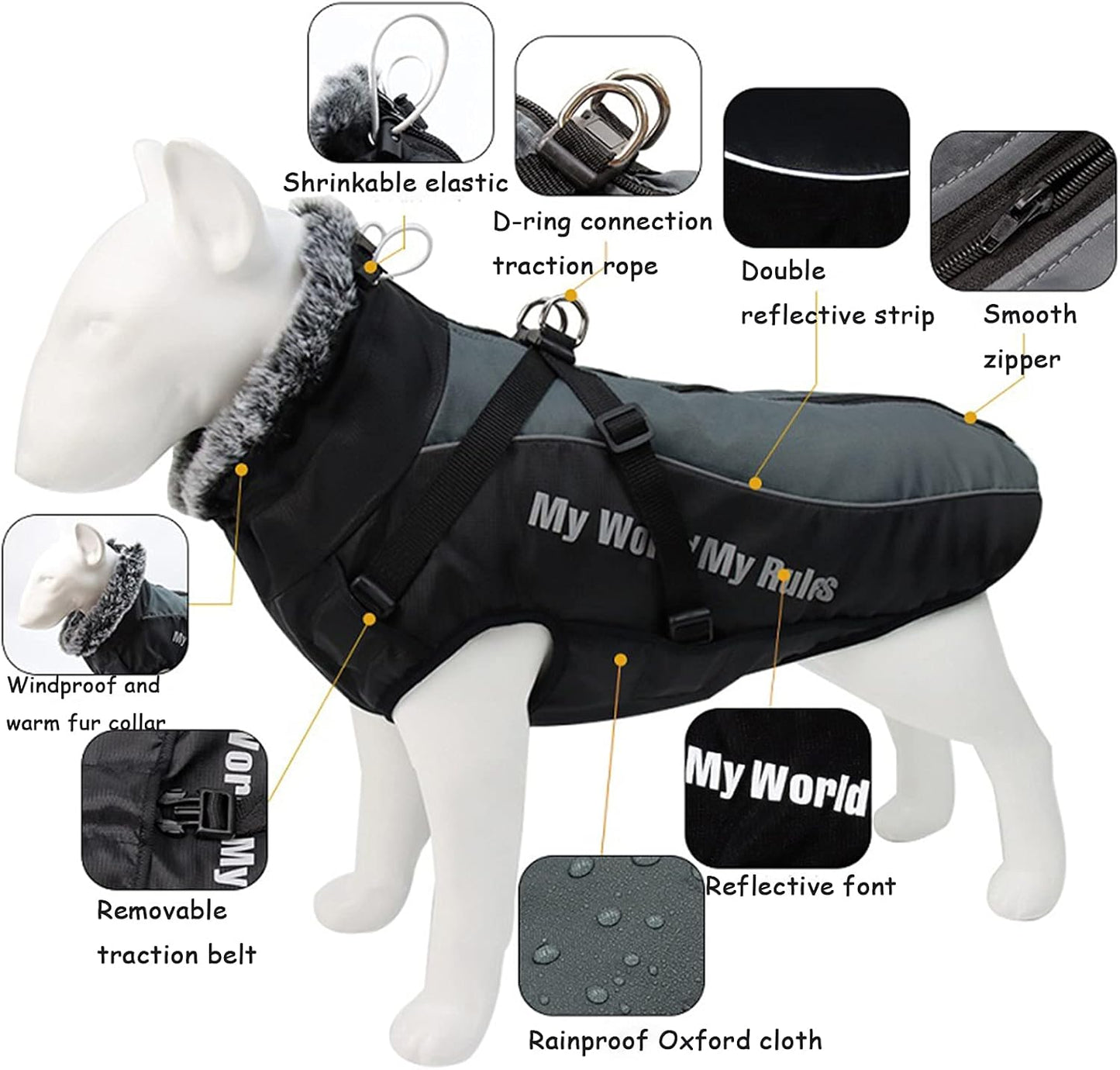 Foern Dog Coat, Waterproof Clothes with Reflective Strips Warm Cotton in Cold Weather Winter Outdoor, Windproof Jacket Clothing for Medium and Large Dogs