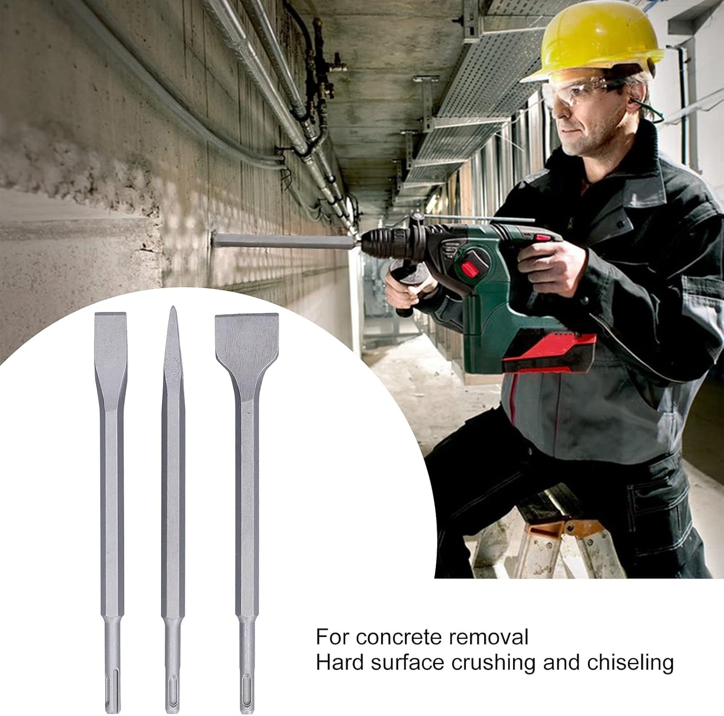 Chisel Set, Abrasion Resistant Carbon Steel Scaling Chisel, Flat Chisel, Flat Hammer Drill Bits, Concrete Removal Chisel for Concrete (SDS PLUS (round handle))