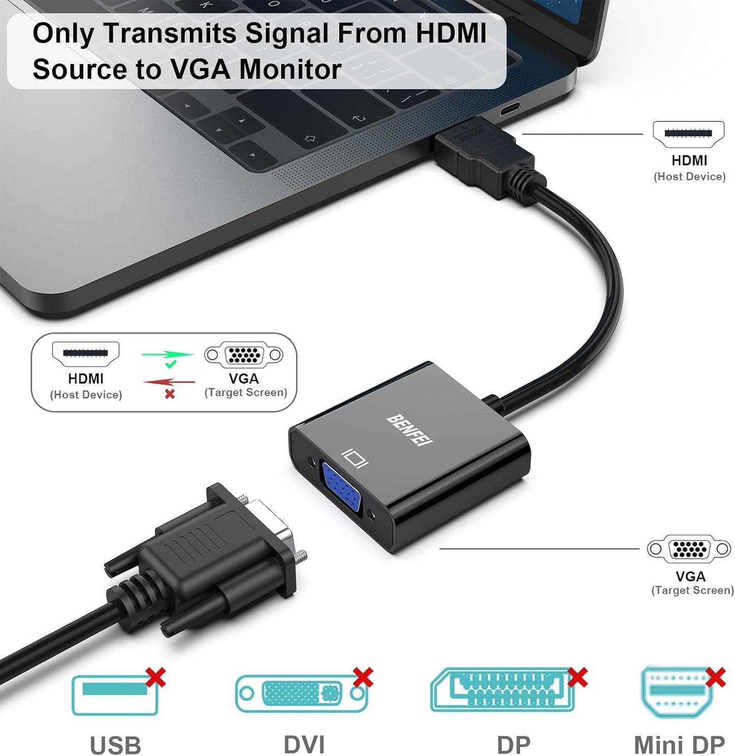 BENFEI HDMI to VGA, Gold-Plated Adapter (Male to Female) for Computer, Desktop, Laptop, PC, Monitor, Projector, HDTV, Chromebook, Raspberry Pi, Roku, Xbox...