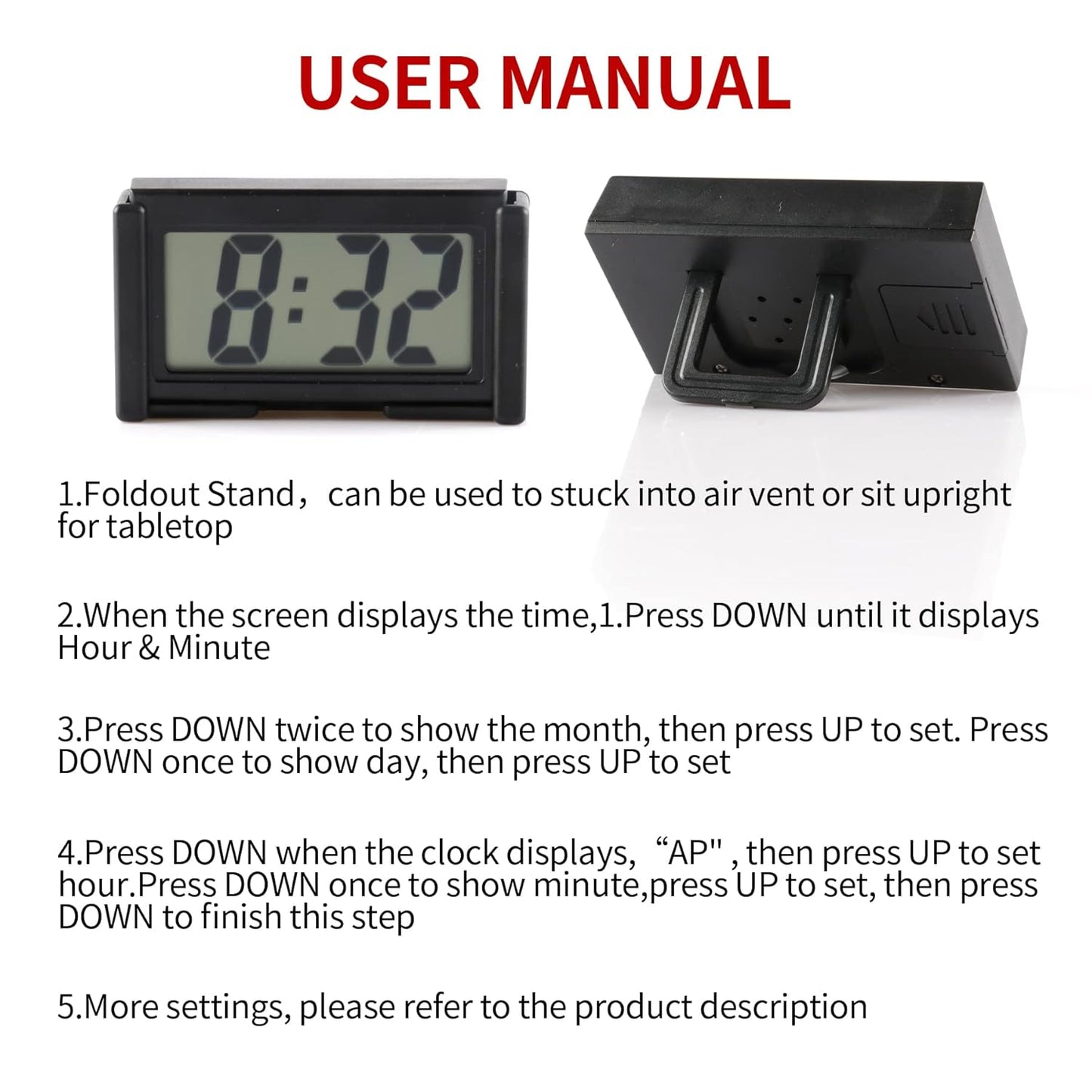 UYYE Mini Digital Car Clock Sticky Electronic Car Clock, Accessories with Clear LCD Screen Self-Adhesive Stand Digital Clock for Car Truck Dashboard Home..pack of 10