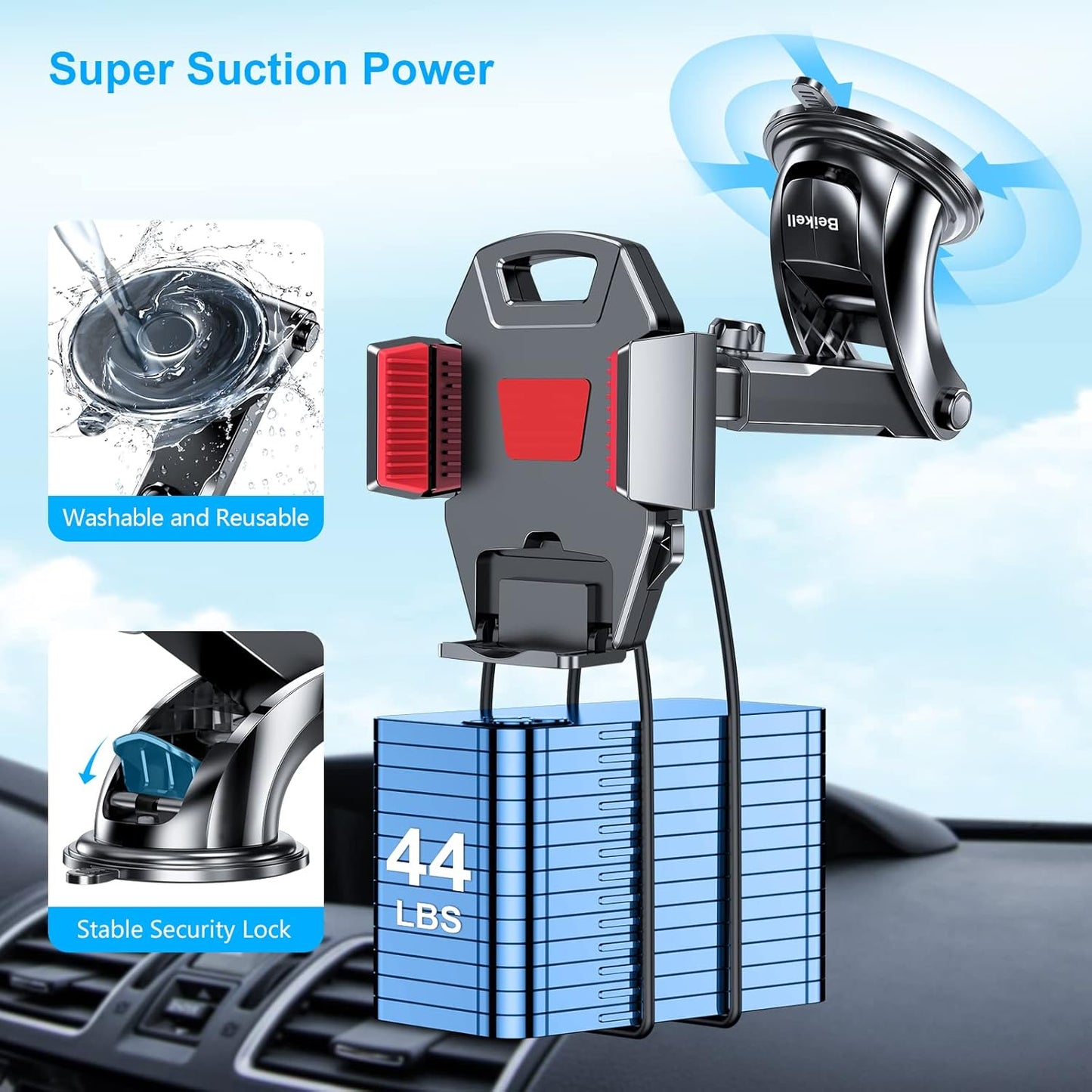 Beikell Car Phone Holder, Adjustable Car Phone Holder, 360° Rotation - Phone Holder for Car with One Button Release and Strong Sticky Gel Pad for Mobile...