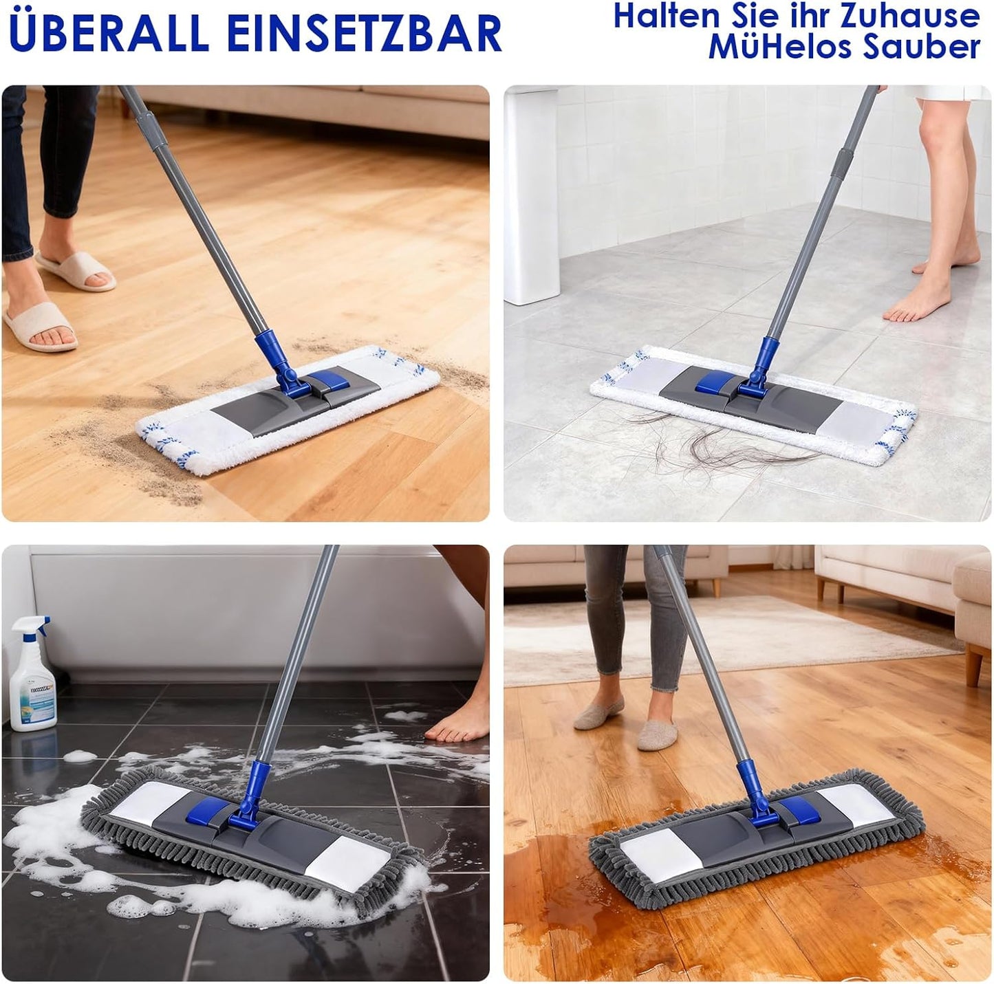 Masthome Mop Set of 4 Mop Pads, Chenille Floor Mop with Long Handle, Microfibre Flat Mop for Hardwood, Marble, Tile Cleaning, Send 1 Scraper, Blue