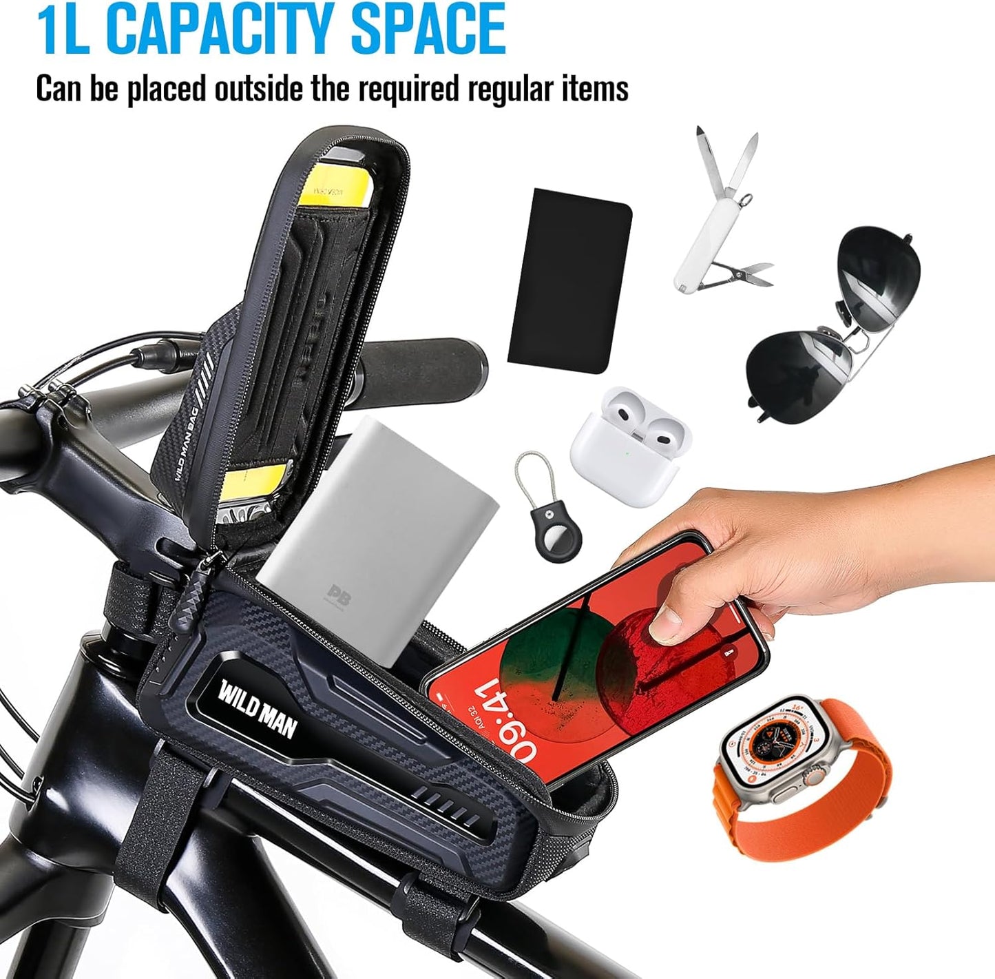 WILD MAN Bike Phone Bag Bike Pouch Top Tube Bag Bicycle Front Frame Bag Waterproof Bike Bag Phone Holder Compatible with 6.5”(Black)