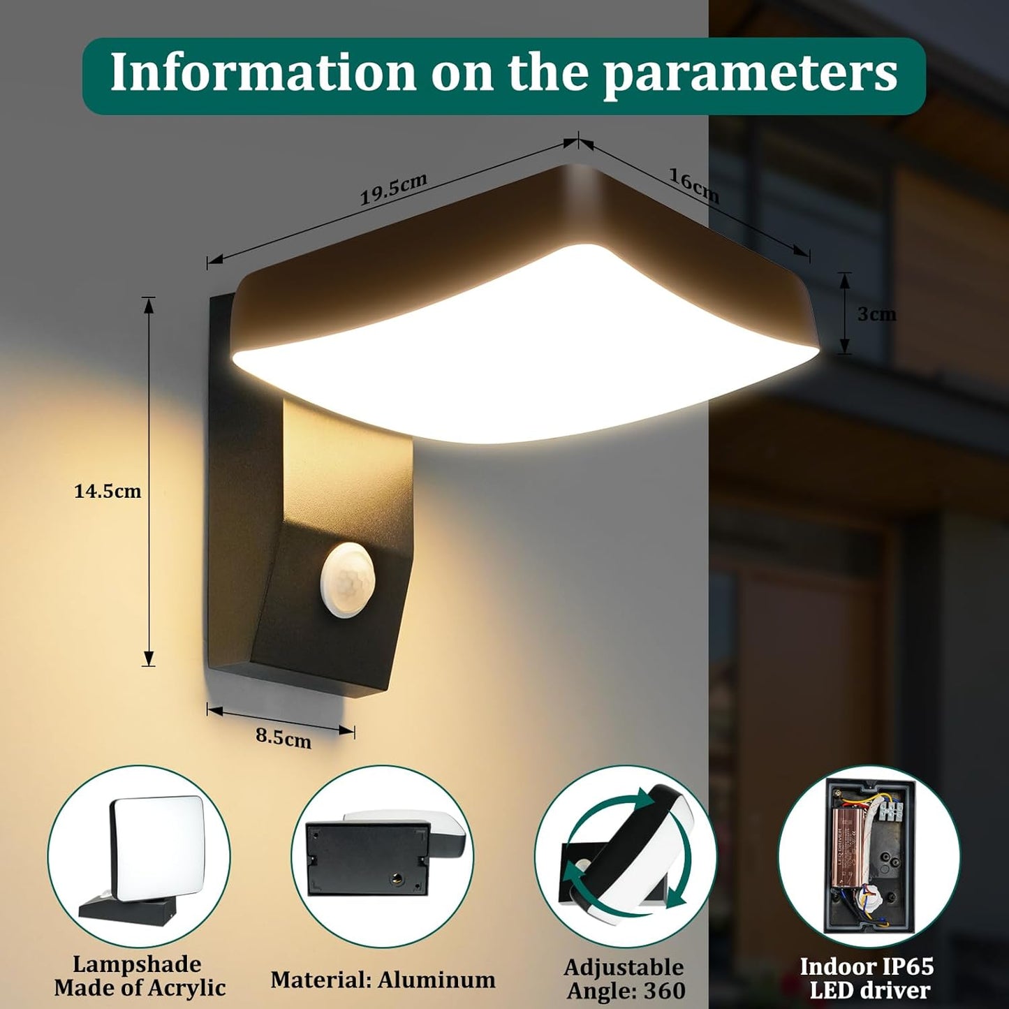 OKELI Outdoor Wall Lights with Sensor, Wall Lights Outdoor, Waterproof IP65, 360° Rotation Outside/Indoor,Warm White 3000K