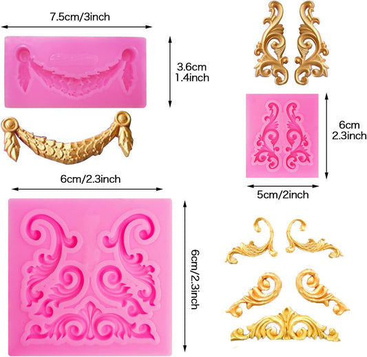 Baroque Style Silicone Molds, Curlicues Scroll Lace Fondant Molds, Vintage Relief Flower Mould Filigree 3D Clay Mold for Gummy Sugar Cookie Pastry Chocolate...