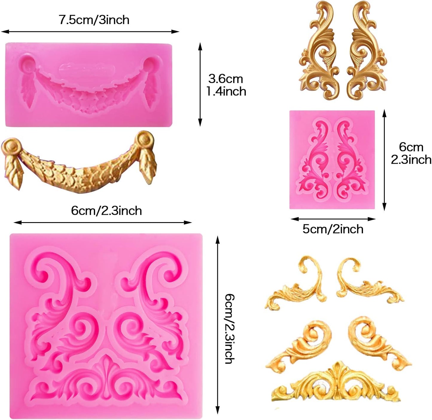 Baroque Style Silicone Molds, Curlicues Scroll Lace Fondant Molds, Vintage Relief Flower Mould Filigree 3D Clay Mold for Gummy Sugar Cookie Pastry Chocolate...