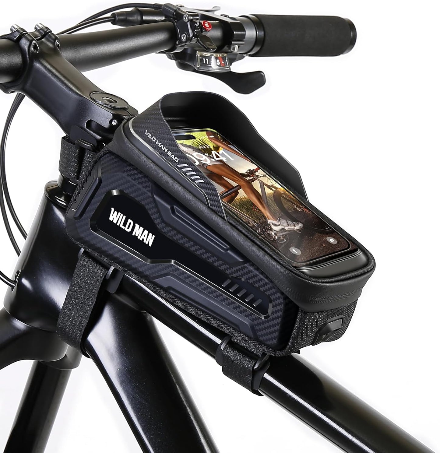WILD MAN Bike Phone Bag Bike Pouch Top Tube Bag Bicycle Front Frame Bag Waterproof Bike Bag Phone Holder Compatible with 6.5”(Black)