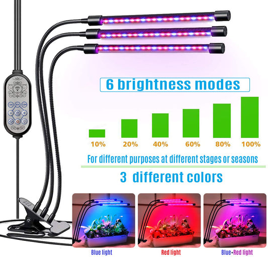 MoKasi LED Grow Light for Indoor Plant - 60W Tri Head Red Blue Spectrum Clip On Desk Growing Lamp with 6 Dimmable Levels Auto Timer Perfect for House Garden...
