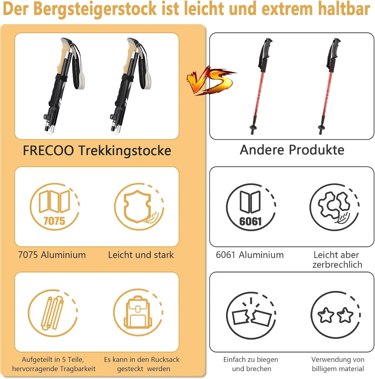 FRECOO Nordic walking poles, trekking poles made of 7075 aluminium, adjustable from 110-130 cm, with 5 pairs of rubber buffers, telescopic hiking poles for...