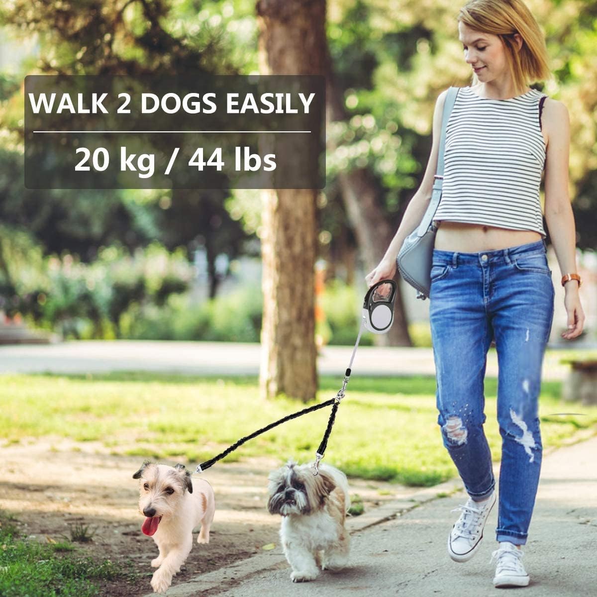 Dual Retractable Dog Leash for Walking 2 Small Dogs(Up to 44 Lbs Each) - Double Headed 16ft Extendable Pet Leash with Poop Bags, Non Slip Grip, One Button...