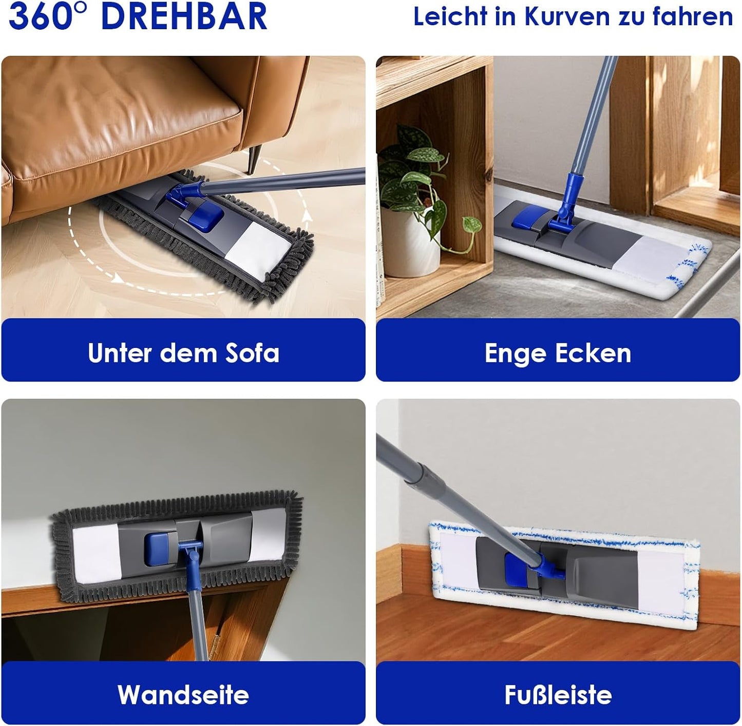 Masthome Mop Set of 4 Mop Pads, Chenille Floor Mop with Long Handle, Microfibre Flat Mop for Hardwood, Marble, Tile Cleaning, Send 1 Scraper, Blue