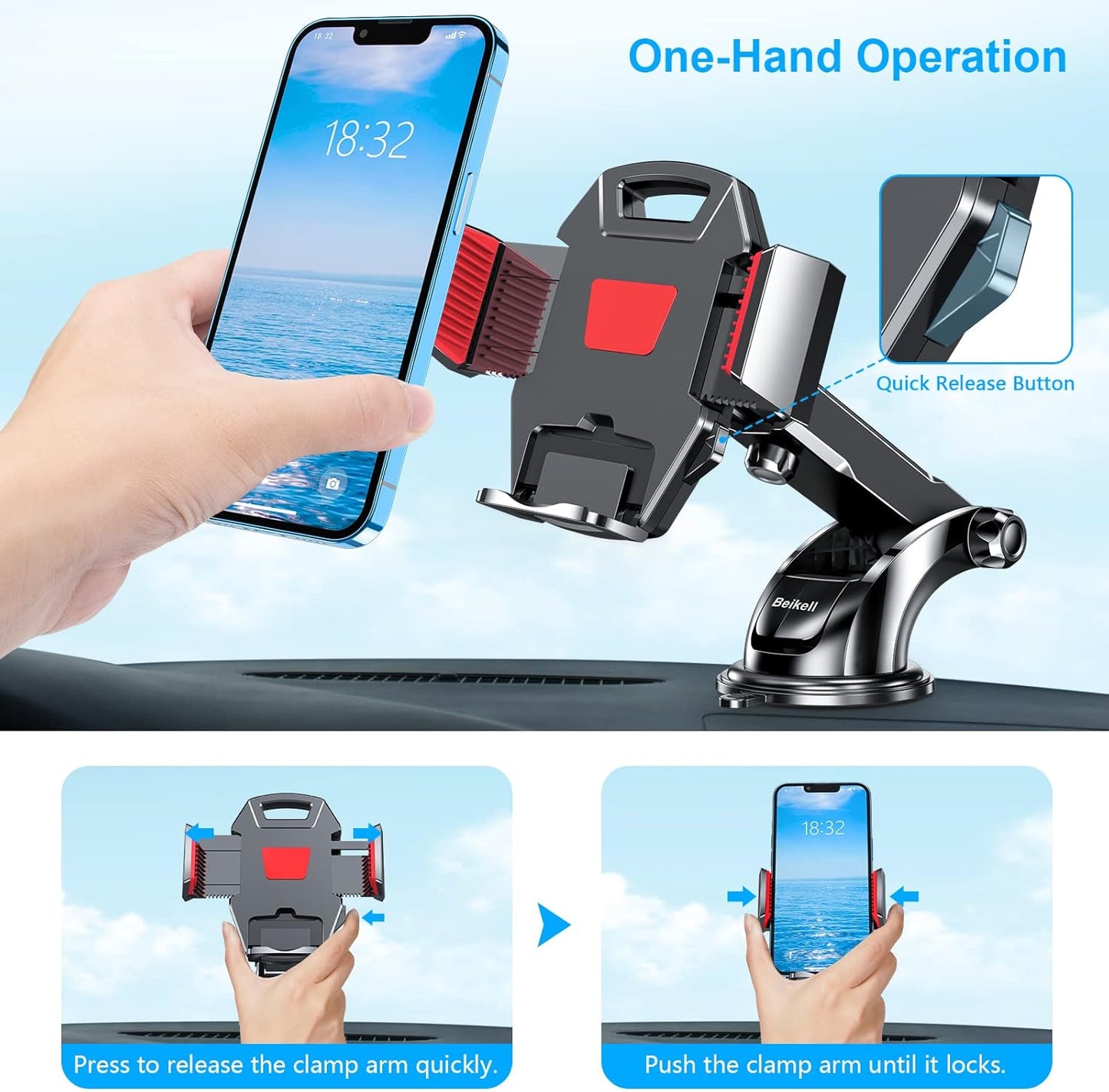 Beikell Car Phone Holder, Adjustable Car Phone Holder, 360° Rotation - Phone Holder for Car with One Button Release and Strong Sticky Gel Pad for Mobile...