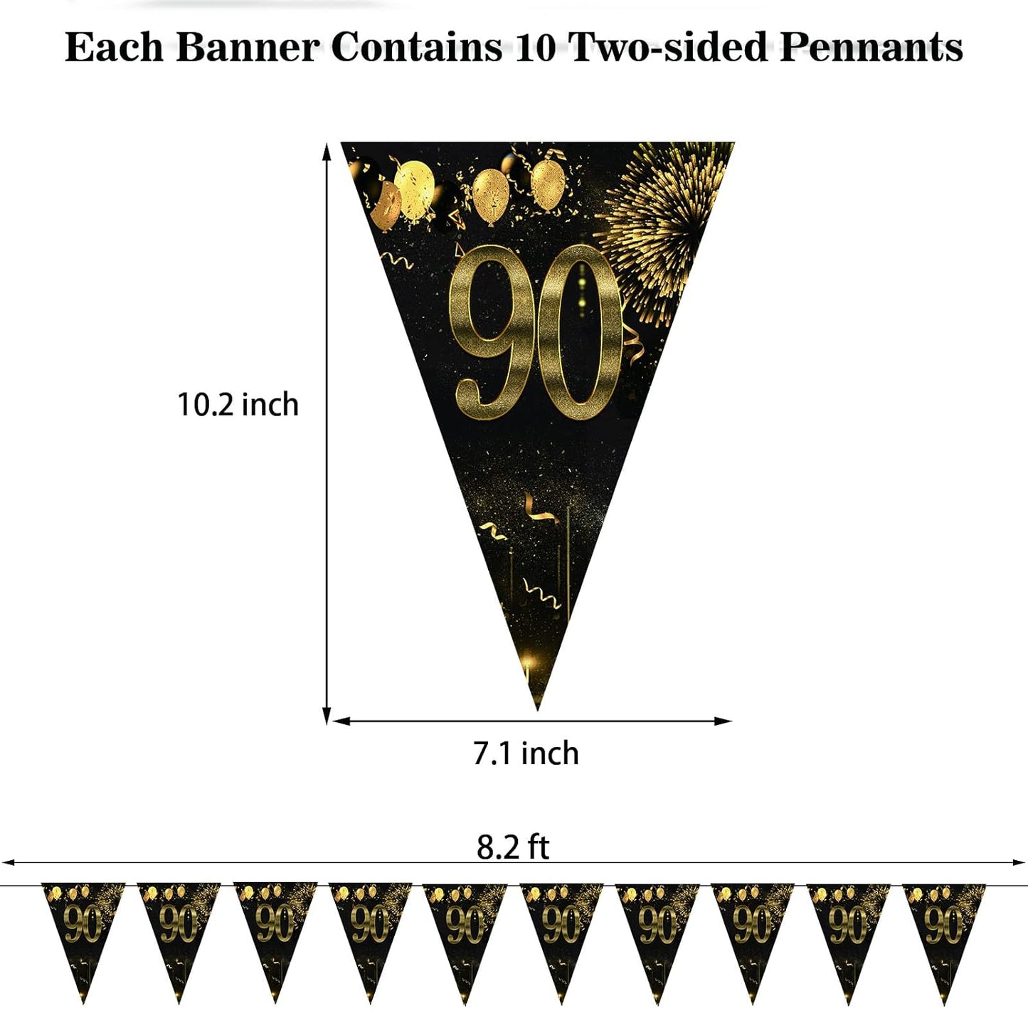 90th Happy Birthday Banner Bunting Flags 40 Pieces Gold and Black Glitter Birthday Anniversary Theme Party Decoration Supplies