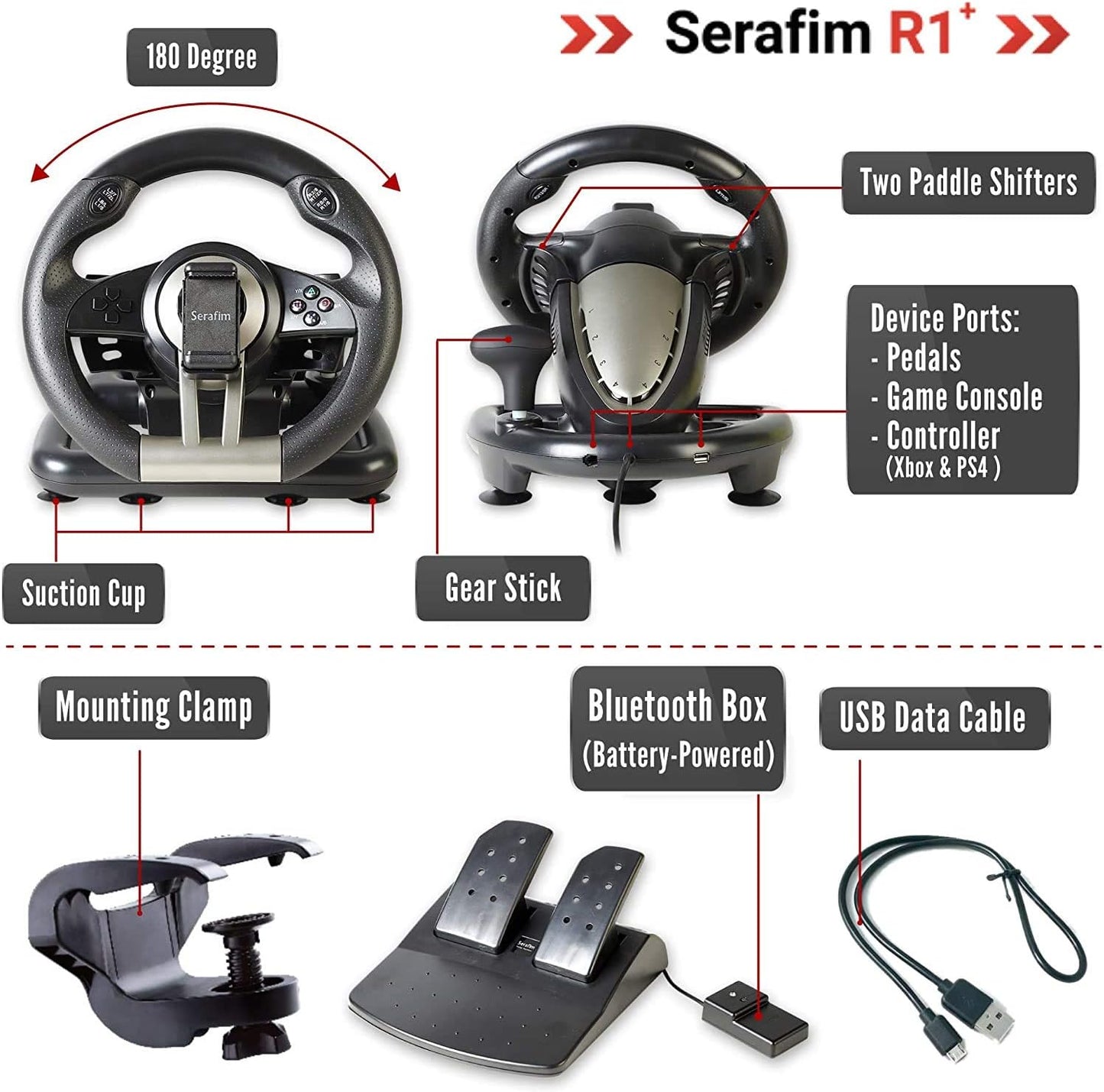 Serafim R1+ Racing Wheel - Gaming Steering Wheel with Responsive Pedal - Compatible with XBOX ONE, PS4, PS3, Switch, PC, iOS, Android - Xbox One Steering...
