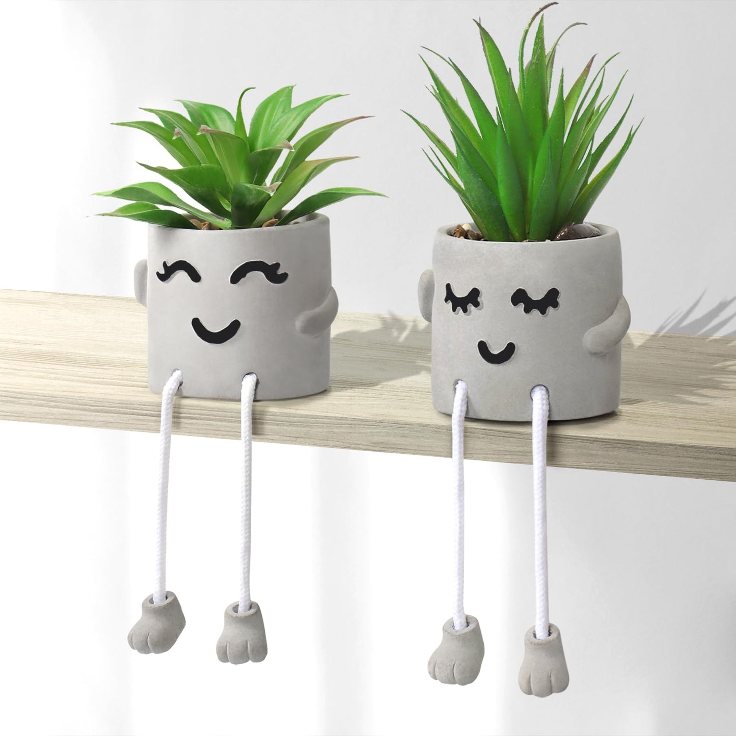Cute Artificial Hanging Succulent Plant with Grey Cement Vase – Desk & Shelf Decor
