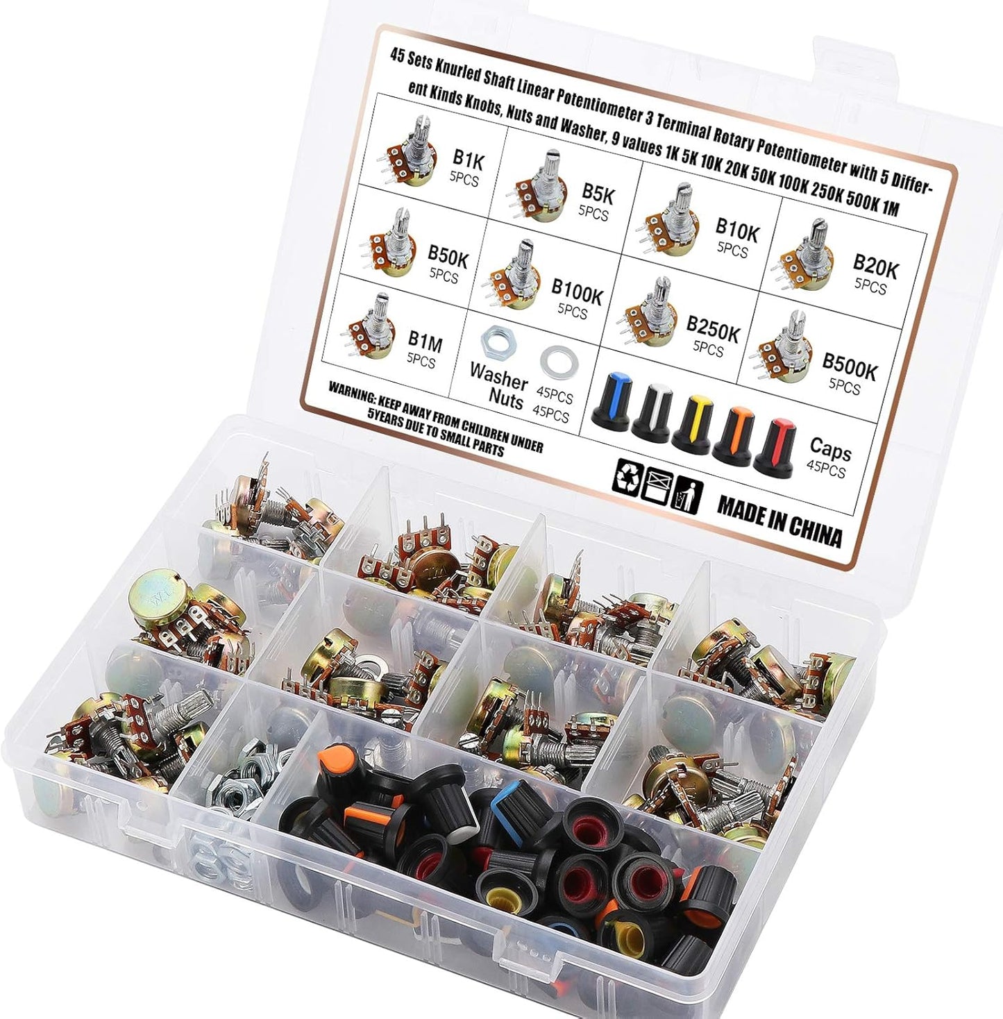 OCR 1K-1M ohm Potentiometer Kit, 45 Sets Knurled Shaft Linear Potentiometer with Knobs, Nuts and Washers, 9 Values1K 5K 10K 20K 50K 100K 250K 500K 1M 3...