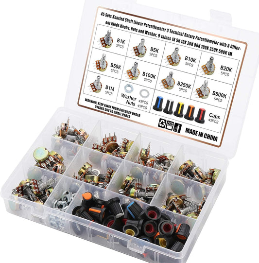 OCR 1K-1M ohm Potentiometer Kit, 45 Sets Knurled Shaft Linear Potentiometer with Knobs, Nuts and Washers, 9 Values1K 5K 10K 20K 50K 100K 250K 500K 1M 3...